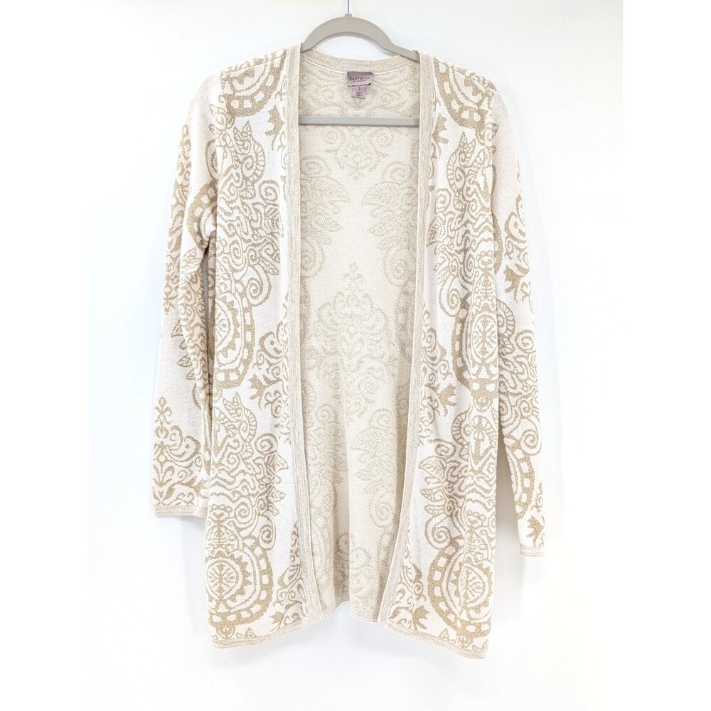 Chico's Eastwear Jacquard Ivory Metallic Knit Open Front Boho Cardigan Size 1 Lg